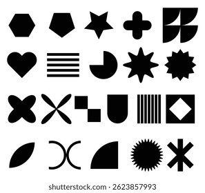 Collection of brutalist geometric shapes. Trendy abstract minimalist figures, stars, flows, circles. Modern abstract graphic design elements vector. y2k, trendy design element