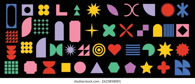 Collection of brutalist geometric shapes. Trendy abstract minimalist figures, stars, flows, circles. Modern abstract graphic design elements vector. y2k, trendy design element
