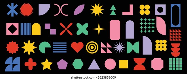 Collection of brutalist geometric shapes. Trendy abstract minimalist figures, stars, flows, circles. Modern abstract graphic design elements vector. y2k, trendy design element