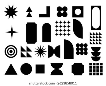 Collection of brutalist geometric shapes. Trendy abstract minimalist figures, stars, flows, circles. Modern abstract graphic design elements vector. y2k, trendy design element
