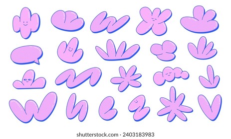 Colección de formas abstractas de burbujas. Colección de parches de moda con caras de sonrisa. Ilustración vectorial de las insignias de diseño gráfico y2k , 90s, 2000s. Graffiti de caricatura aislado de fondo blanco.