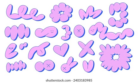 Collection of bubble abstract shapes. Trendy Patches collection with smile faces. Vector illustration of y2k , 90s, 2000s graphic design badges. Cartoon graffiti isolated on white background.