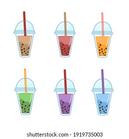 Eine Kollektion von Bubble-Drink-Tassen-Designs mit verschiedenen Geschmacksrichtungen, Schokoladengeschmack, Thai-Tee, grünem Tee und anderen mit einem Dodle-Set, geeignet für den Druck von Kaltgetränk-Menüs