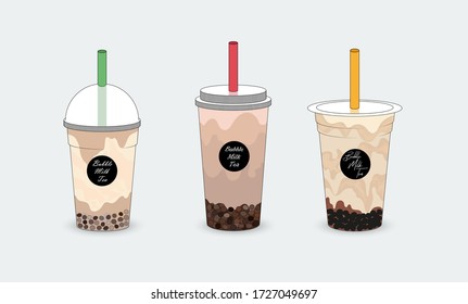 Collection Bubble Milk Tea, Pearl Milk Tea. Vector