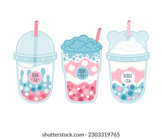 Collection of Bubble Milk Tea with tapioca pearls. Boba tea. Cold Asian Taiwanese drink. Summer cold drink. Hand drawn vector illustration
