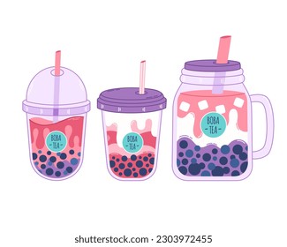 Collection of Bubble Milk Tea with tapioca pearls. Boba tea. Taiwanese drink. Summer cold drink. Hand drawn vector illustration