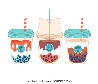 Collection of Bubble Milk Tea with tapioca pearls. Boba tea. Cold Asian Taiwanese drink. Summer cold drink. Hand drawn vector illustration