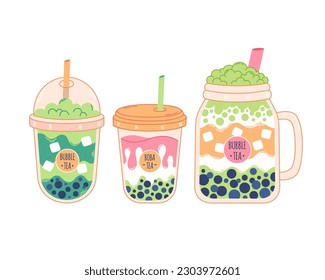 Collection of Bubble Milk Tea with tapioca pearls. Boba tea. Taiwanese drink. Summer cold drink. Hand drawn vector illustration