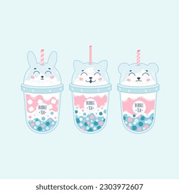 Collection of Bubble Milk Tea with tapioca pearls. Boba tea. Taiwanese drink. Summer cold drink. Hand drawn vector illustration