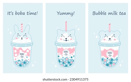 Collection of Bubble Milk Tea with tapioca pearls. Boba tea. Taiwanese drink. Summer cold drink. Hand drawn vector illustration