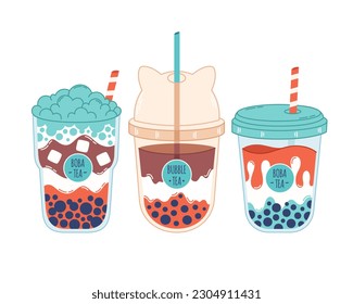 Collection of Bubble Milk Tea with tapioca pearls. Boba tea. Cold Asian Taiwanese drink. Summer cold drink. Hand drawn vector illustration