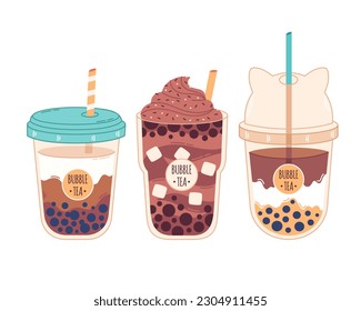 Collection of Bubble Milk Tea with tapioca pearls. Boba tea. Cold Asian Taiwanese drink. Summer cold drink. Hand drawn vector illustration