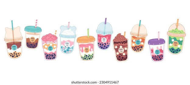 Colección de té de leche de burbuja con perlas de tapioca. Té Boba. Los taiwaneses del Asia Fría beben. Bebé frío de verano. Ilustración vectorial dibujada por mano