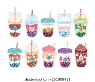 Collection of Bubble Milk Tea with tapioca pearls. Boba tea. Cold Asian Taiwanese drink. Summer cold drink. Hand drawn vector illustration