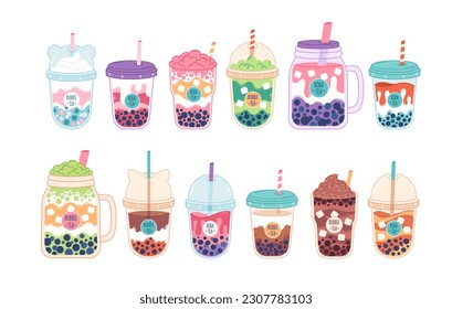 Collection of Bubble Milk Tea with tapioca pearls. Boba tea. Cold Asian Taiwanese drink. Summer cold drink. Hand drawn vector illustration