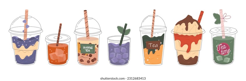 Collection of Bubble Milk Tea with tapioca pearls. Boba tea. Cold Asian Taiwanese drink. Summer cold drink. Milk cocktail with cream. Vector stock illustration in hand drawn style. 