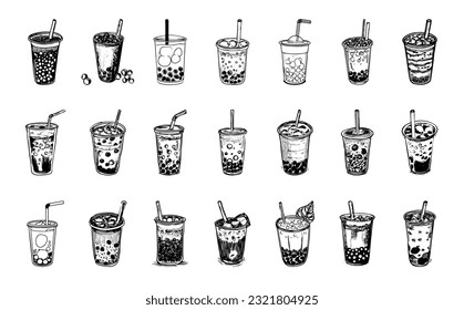 Collection of Bubble Milk Tea with tapioca pearls, isolated on white background. Hand drawn vector illustration. Asian Taiwanese drink. 