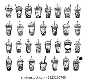 Collection of Bubble Milk Tea with tapioca pearls, isolated on white background. Hand drawn vector illustration. Asian Taiwanese drink. 
