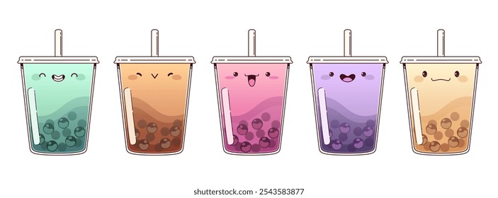 Coleção de bebidas de chá de bolha com expressões de rosto kawaii. Bebida doce em copos transparentes de plástico com palha, sabores diferentes com pérolas de tapioca decoradas com emoções sorridentes adoráveis.