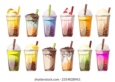 Collection of bubble tea with tapioca in plastic cups.Bubble tea with different flavors.A set of soft drinks.Vector illustration.