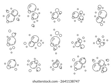 Collection of bubbles icons. Soap foam bubbles. Cartoon bath suds of shampoo. Vector illustration