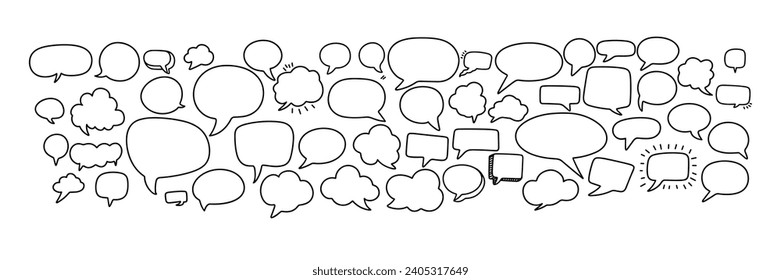 Collection of bubbles speech in doodle style. Outline speak cloud isolated on white background. Hand drawn vector art.