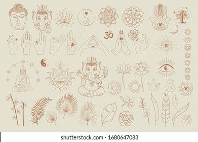 Colección de budismo e hinduismo, objetos de yoga, elementos esotéricos y bohos, plantas, buddha, ganesha, mandala, loto. Objetos minimalistas de un estilo lineal. Ilustración de vectores editable.