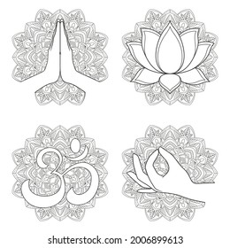 Collection of buddhism symbols on ornate background - namaste, lotus flower, aum, gyan mudra. Vector illustration