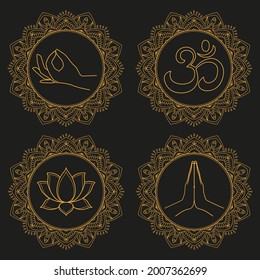 Collection of buddhism symbols on ornate background - namaste, lotus flower, aum, gyan mudra. Vector illustration