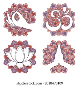 Collection of buddhism symbols on ornate background - namaste, lotus flower, aum, gyan mudra. Vector illustration