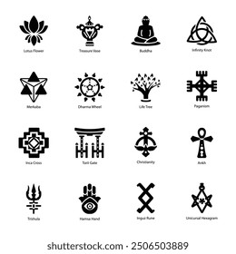Collection of Buddhist Symbols Glyph Icons
