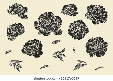 Colección de cogollos y hojas aisladas sobre fondo simple. Conjunto botánico de Elementos de flores de peonía dibujados a mano en estilo plano monocromo. Ilustración vectorial.