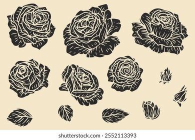 Colección de cogollos y hojas aisladas sobre fondo simple. Conjunto botánico de Elementos de flores de color rosa en estilo plano monocromo. Ilustración vectorial.