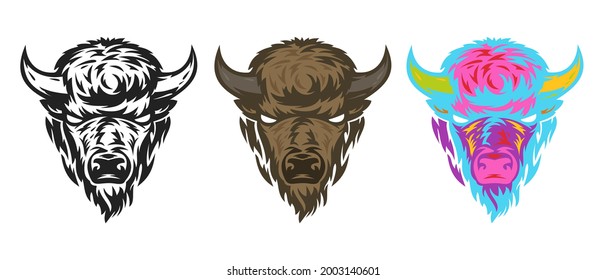 Collection buffalo head in hand drawn sketch style isolated on white background. Modern graphic design element for label or poster. Vector art illustration.