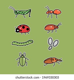 collection bug icon - cute pest icon, rice leaf floder, grasshopper, Red palm weevil.