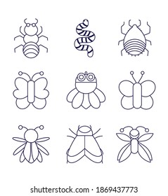 collection bugs natural animal cartoon in linear style vector illustration