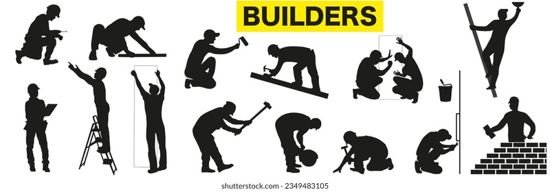 Collection of builders silhouettes. Isolated silhouettes of builders with different tools. Builders. EPS 10.