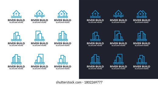 conjunto de arquitectura de construcción de colecciones con concepto de línea y río. diseño de logo de construcción de propiedades inmobiliarias de construcción de río abstracto Inspiración