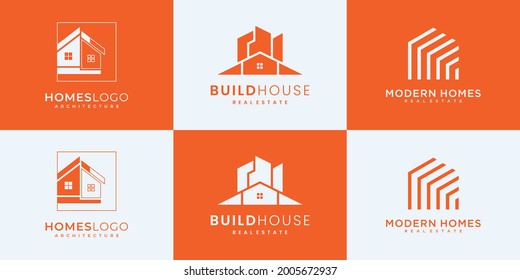 Colección de conjuntos arquitectónicos de edificios, inspiración de diseño de logotipos inmobiliarios.