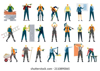 Collection of building construction worker mason and repairman. Vector of construction building workers set illustration