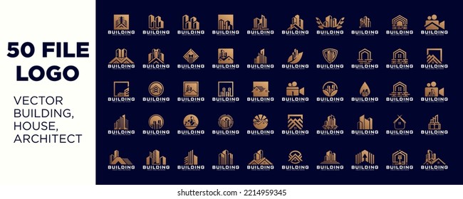 a collection of building, house, city, construction logo design inspirations