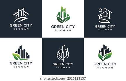 Collection of building logo illustrations with leaves. Nature real estate logo design templates.	