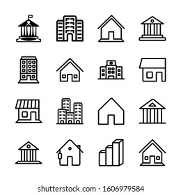 Collection of building outline icons. Banks, schools, courthouses, universities, libraries. Architectural concept. Can be used for topics such as offices, cities and others. vector illustration. 40