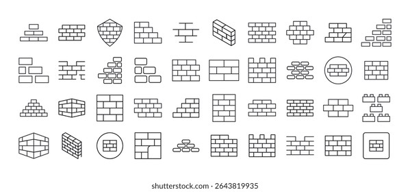 Coleção de Ícones de Linha Relacionados à Construção. Placas de parede de tijolo para design gráfico e web, aplicativos, anúncios, várias cartas 