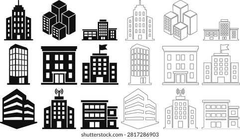 Collection of building silhouettes with varying architectural styles silhouette