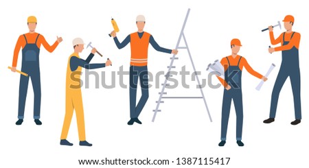 Collection of building workers doing repair. Group of modern engineers in blue and orange workwear. Colorful vector illustration for presentation, construction, new project