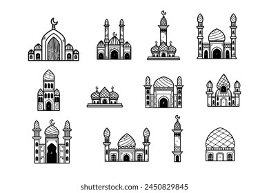 A collection of buildings with arches and domes, some of which are mosques. The buildings are in various colors and sizes, and they are arranged in a grid pattern. Scene is one of diversity