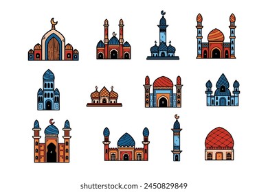 A collection of buildings with arches and domes, some of which are mosques. The buildings are in various colors and sizes, and they are arranged in a grid pattern. Scene is one of diversity