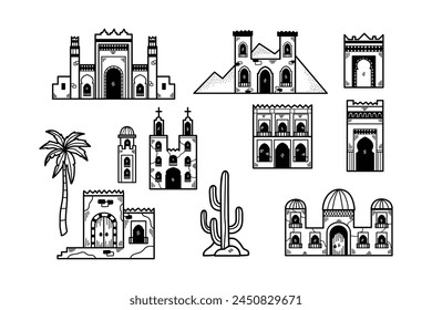 Una colección de edificios con un desierto en el fondo. Los edificios son de diferentes tamaños y estilos, con algunos con arcos y cúpulas