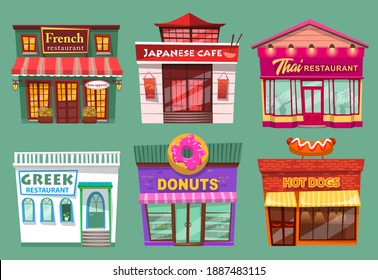 Collection of buildings exteriors. Thai restaurant, french cafe, greek facade and japanese cuisine. Hot dogs and donuts shop selling sweets and desserts. Set of stores with sign boards vector
